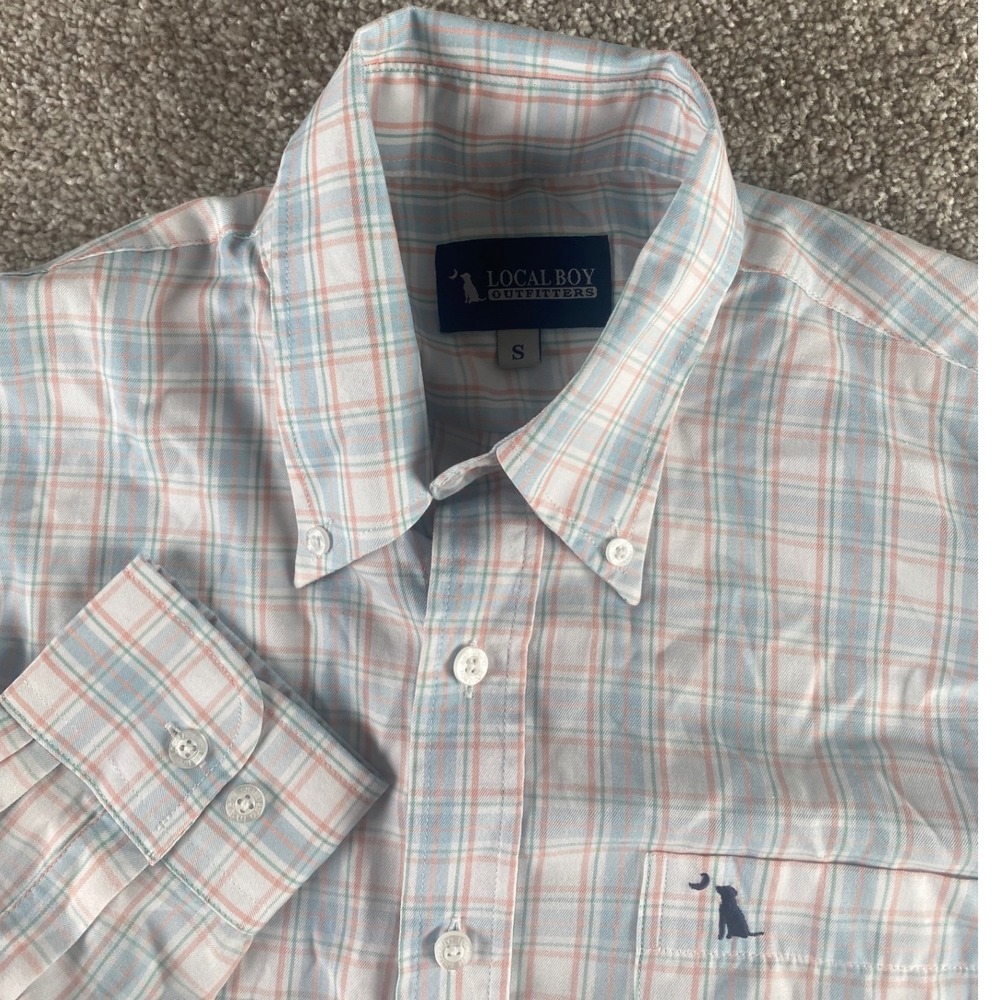 Local Boy Outfitters Mens Small Bamboo Blend Plaid Button Down Shirt Blue Peach